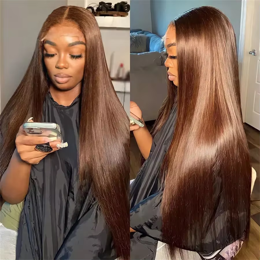 13x4 4 #   Parrucche Lace Front Marrone Cioccolato con Capelli Umani per Donne, Parrucca Frontale HD Liscia con Chiusura in Capelli Umani, Capelli Vietnamiti