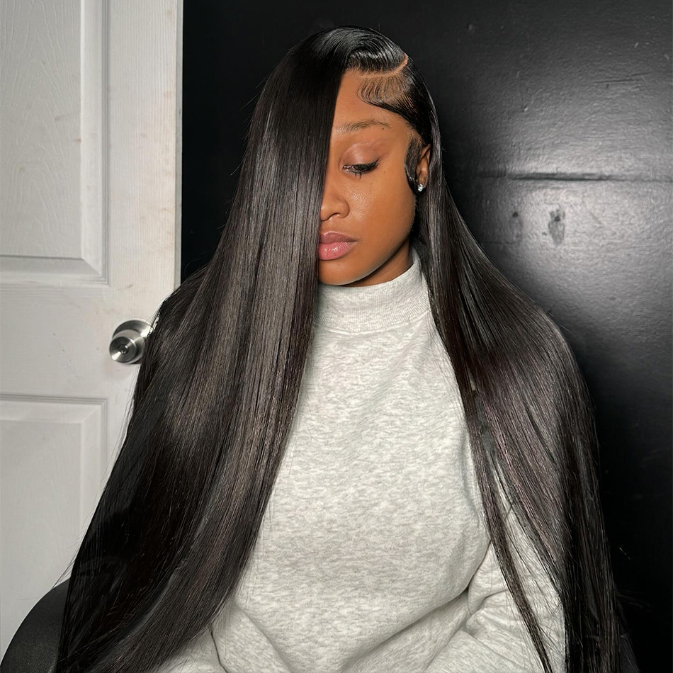 Premium Silky Smooth 40 Inch Extra Long 250% Density Natural Black 13x4 HD Lace Frontal Bone Straight 13x6 Remy Human Hair Wigs Pre Plucked Hairline Invisible Bleached Knots Wear and Go 5x5 Glueless Closure Thick Full Ends