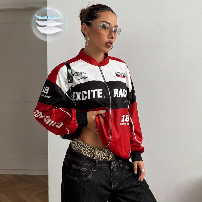 Letter Print Color Patchwork Y2K Loose Casual Jackets Women Fashion Stand Collar Long Sleeve Zipper Vintage Streetwear Coats