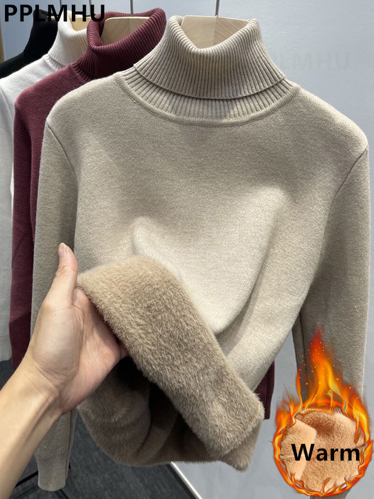 Suéter grueso de terciopelo con cuello alto para mujer, Jersey de punto cálido con forro a la moda coreana, Top ajustado, Jersey de invierno, Jersey de punto