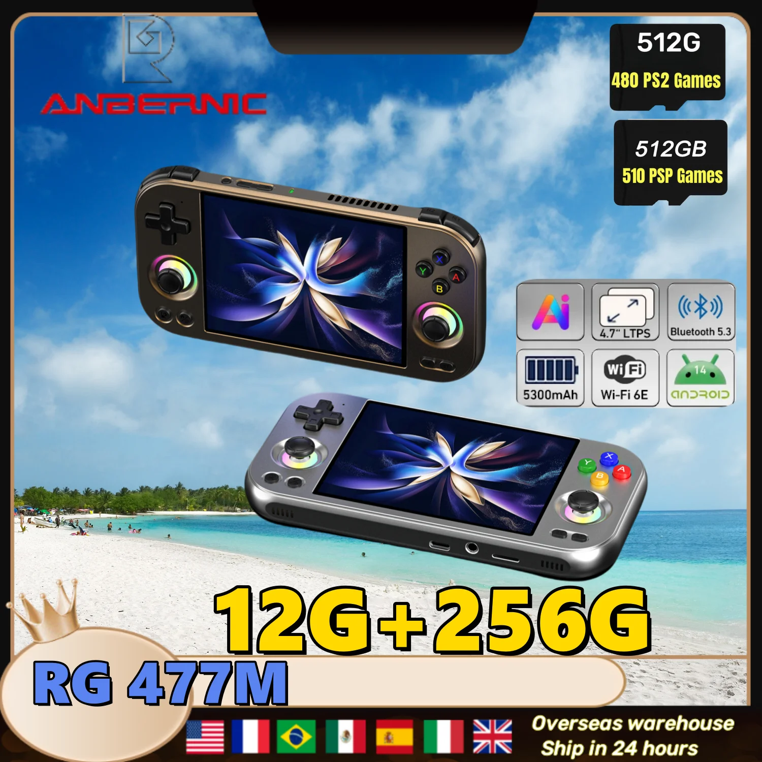 ANBERNIC RG477M Retro Konsola Przenośna do Gier z Ekranem 4,7-calowym LTPS OCA, Android 14, Bluetooth, WIFI, 12G+256G, PSP, PS2, RG 477M