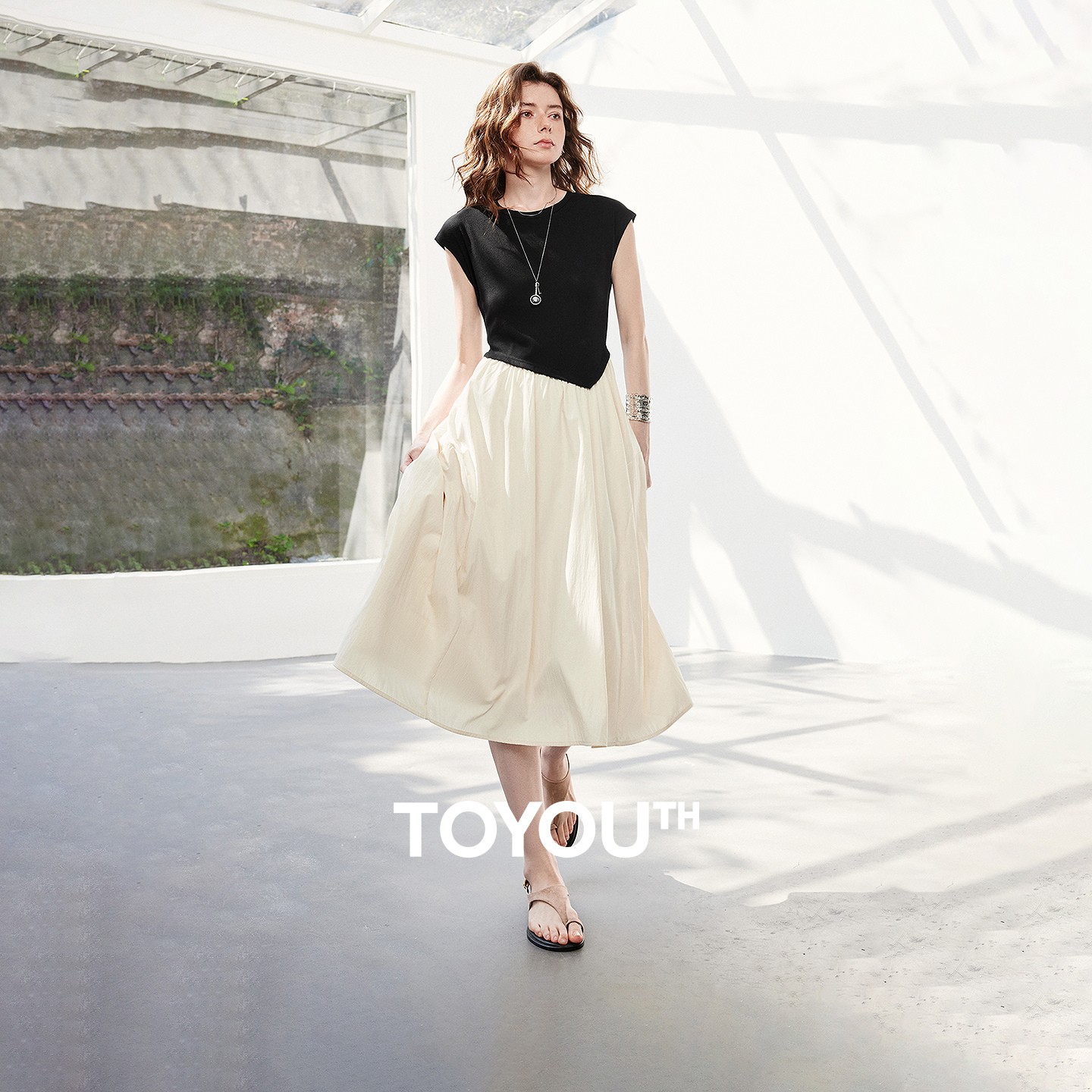 TOYOUTH Women Dress 2026 Summer New Asymmetric Color Block Slim Fit Midi Dress