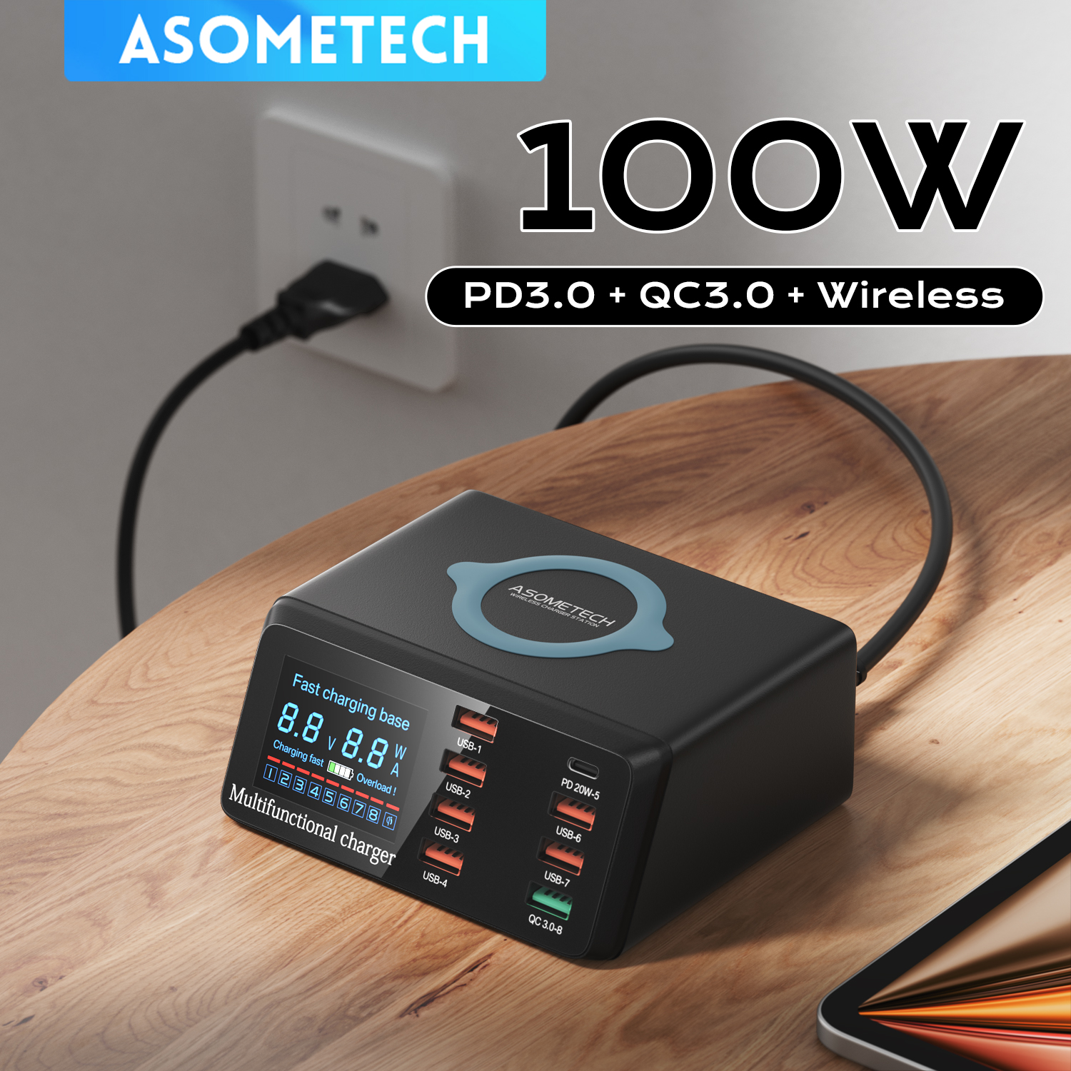 ASOMETECH 100W 8-portowa stacja szybkiego ładowania USB z bezprzewodowym ładowaniem, wyświetlaczem cyfrowym, QC3.0 PD3.0, ładowarka do telefonów iPhone 17