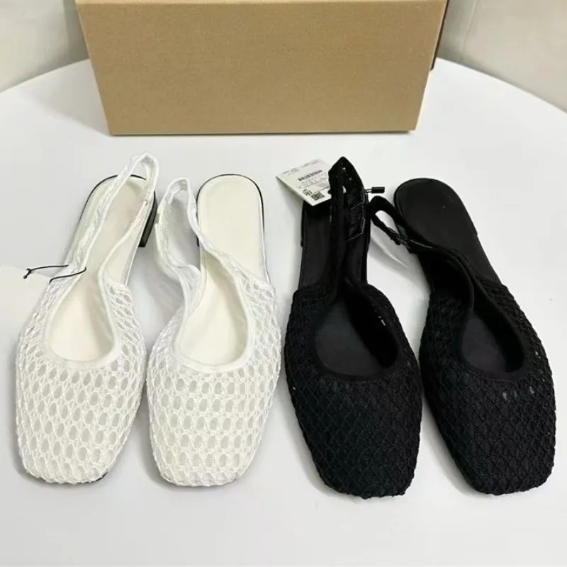 Sandales plates d'été respirantes en maille tissée pour femmes, décontractées, à bout carré, à bride arrière, ajourées, pour la plage