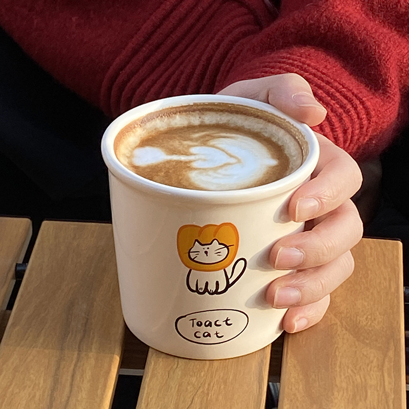 Ceramic Coffee Mug with Cute Cartoon Toast Kitten, Creative Design, Home Office Drinking Cup, Breakfast Coffee Milk Cup, 350ml