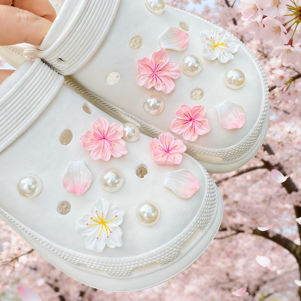 Set di ciondoli per scarpe alla moda da 18 pezzi, decorazioni per scarpe con perle di fiori di ciliegio estivi, fibbia per zoccoli, sandali, accessori fai da te