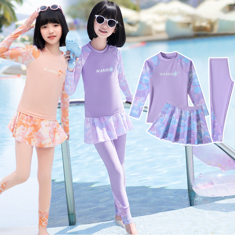 Nuevo Conjunto de Traje de Baño para Niñas, Top de Manga Larga con Letras + Pantalones + Falda, 3 Piezas, para Niñas de 5 a 12 Años, Ropa de Natación
