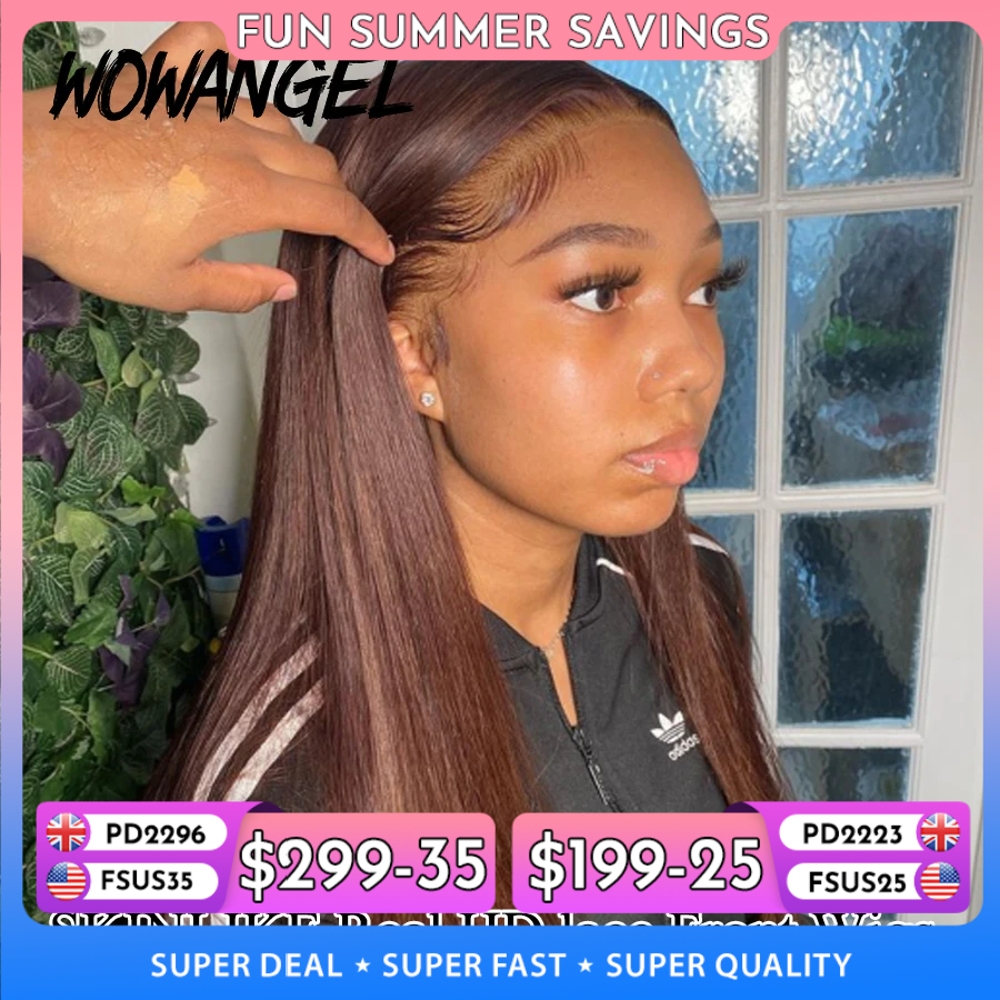 Wow Angel Color marrón Chocolate 13x6 HD peluca con malla frontal pelucas rectas peluca de cabello humano sin pegamento peluca Weargo piel derretida para mujer
