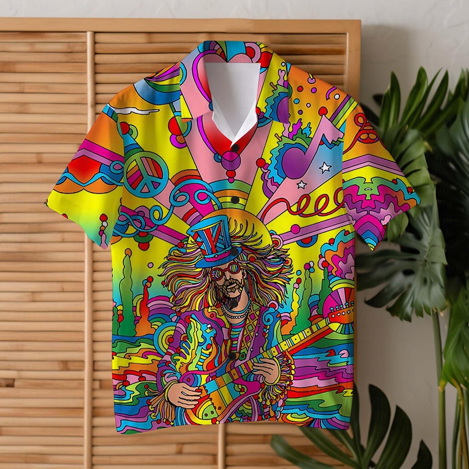Chemise Hippie pour hommes, guitare colorée, usage quotidien, pour sortir du week-end, col cubain, manches courtes, tissu extensible dans 4 directions, été