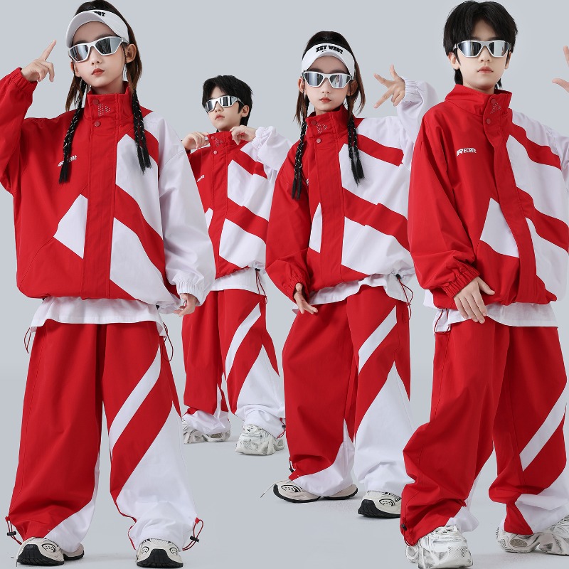 Kids Hip Hop Clothing Block Windbreaker Jacket Casual Jogger Pants for Girls Boys Jazz Dance Wear Costumes Clothes 2025 New