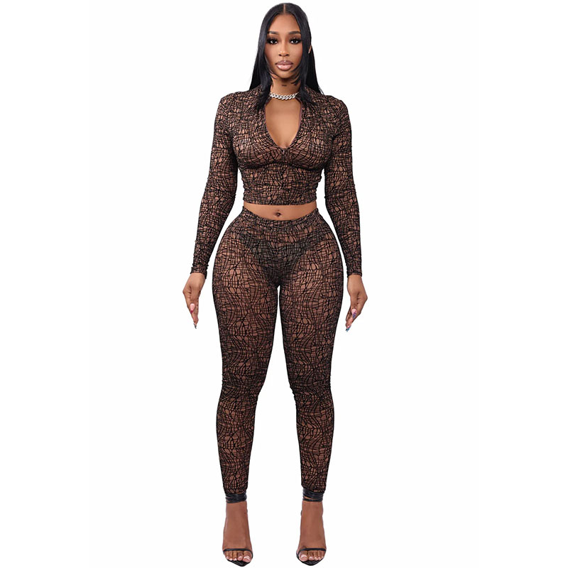 Set Due Pezzi in Rete Trasparente Doyerl, Completo Coordinato da Donna per Club, Feste e Rave, Top Corto a Maniche Lunghe e Pantaloni a Sigaretta