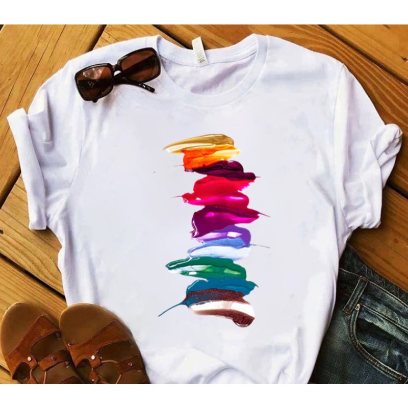 Camiseta Feminina Casual de Manga Curta Tamanho Grande com Estampa de Esmalte Europeu e Americano - Blusa Feminina