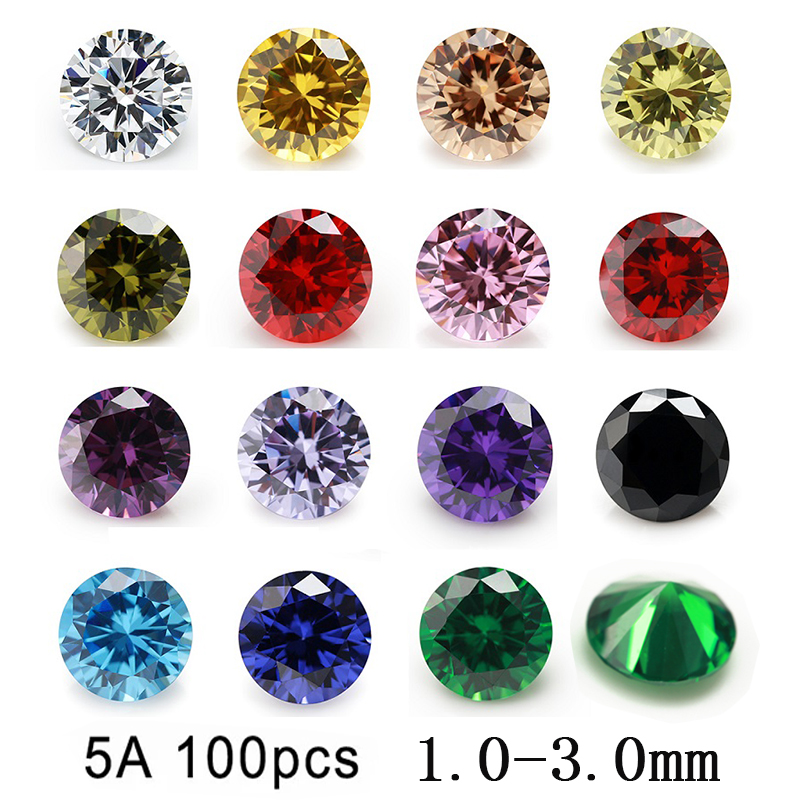 100 Uds 5A tamaño 1,0-3,0mm piedra de circonia cúbica redonda suelta CZ piedra preciosa sintética blanco verde tanzanita negro rosa granate