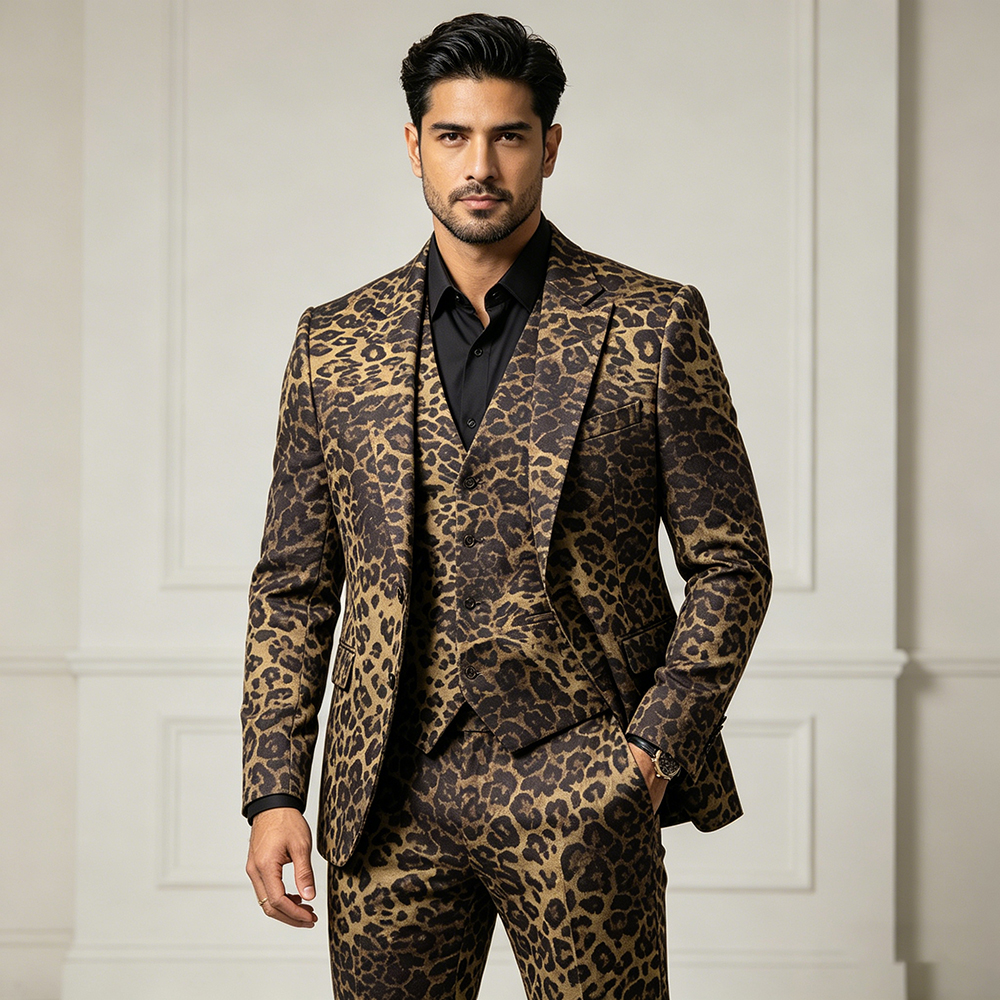 Leopardenmuster Herrenanzüge Mode Slim Fit 3-Teilig Jacke Hose Weste Komplettset Maßgeschneidert Einreihiger Blazer mit Reverskragen
