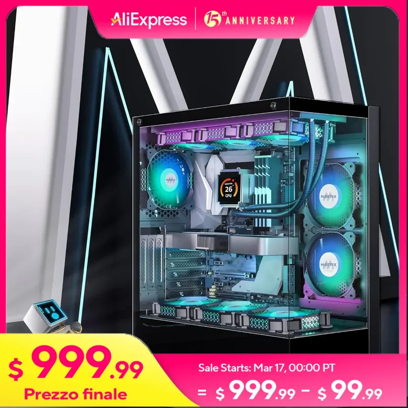 Caixa de computador de torre média, ventiladores ARGB ATX 6 PWM pré-instalados, tipo C, vidro temperado duplo de visão completa, capa para PC para jogos