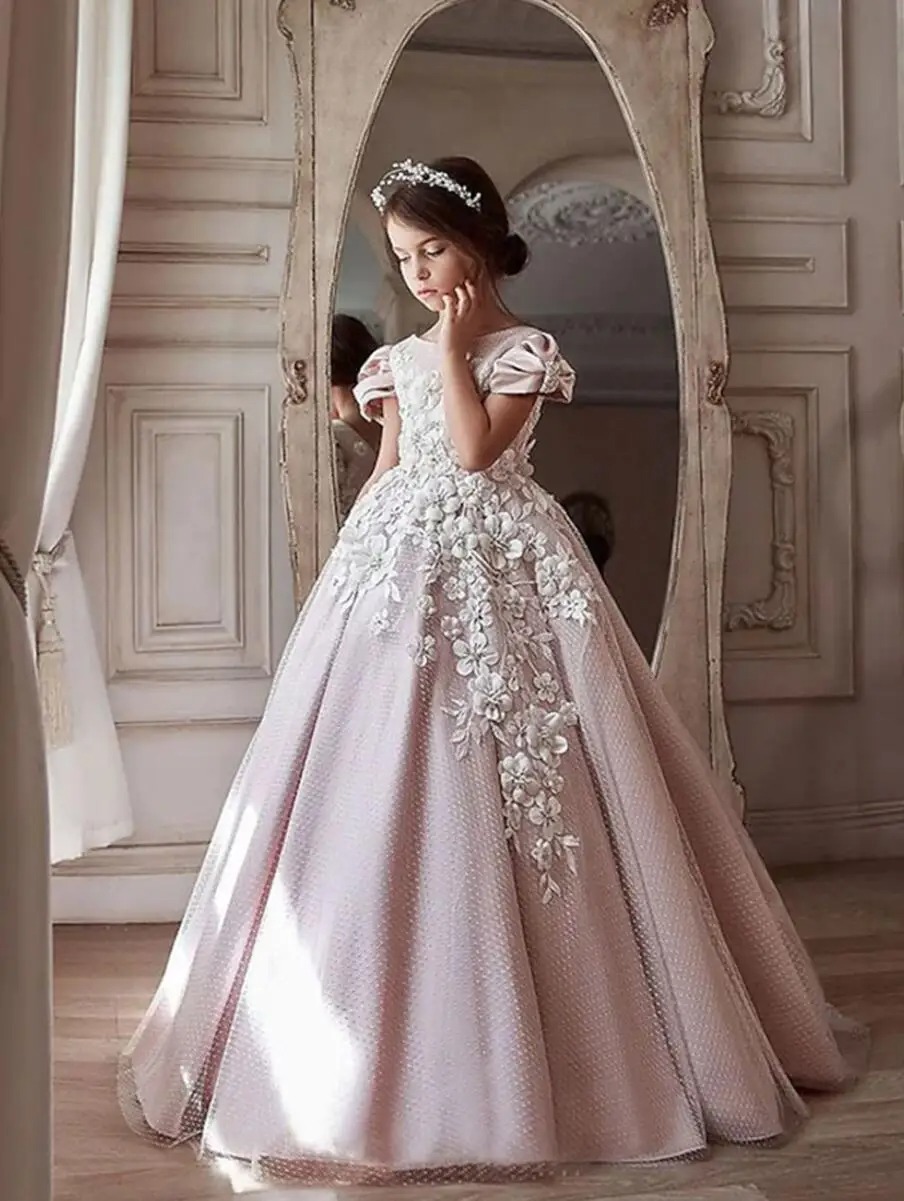 Rosa Blumenmädchenkleider für die Hochzeit, 3D-Blumenapplikationen, elegantes Mädchen-Kindergeburtstagsfeier, Erstkommunion-Kleid, individuell gestaltet