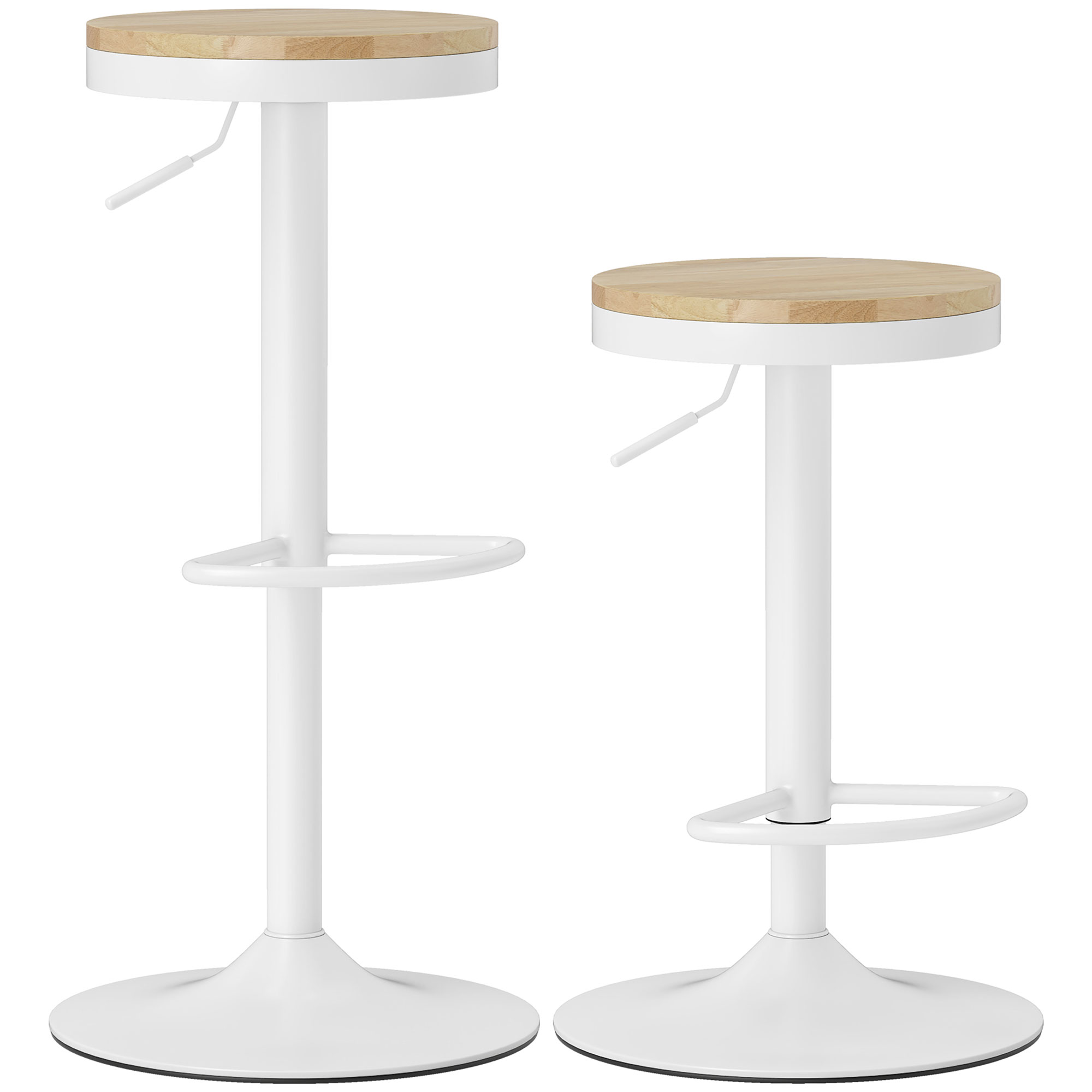 Homcom 2er-Set hoher Küchenhocker mit höhenverstellbarem Holzsitz, Stahlrahmen und Fußstütze, Natur und Weiß