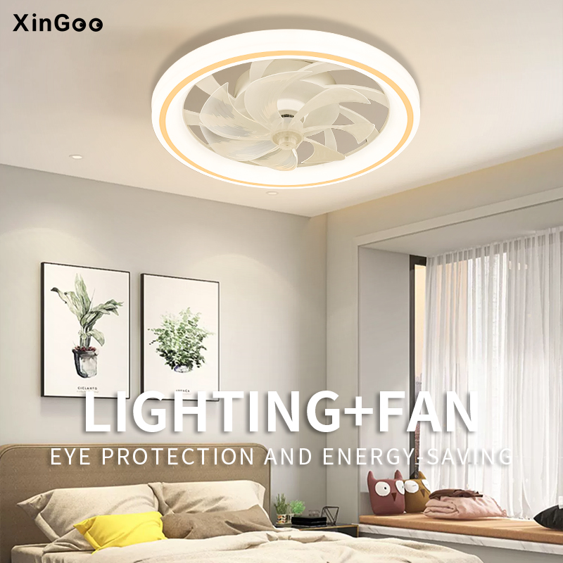 Ventilador de teto inteligente com luzes, controle remoto, decoração de quarto, lâmpada 48cm, lâminas invisíveis, retrátil, silencioso