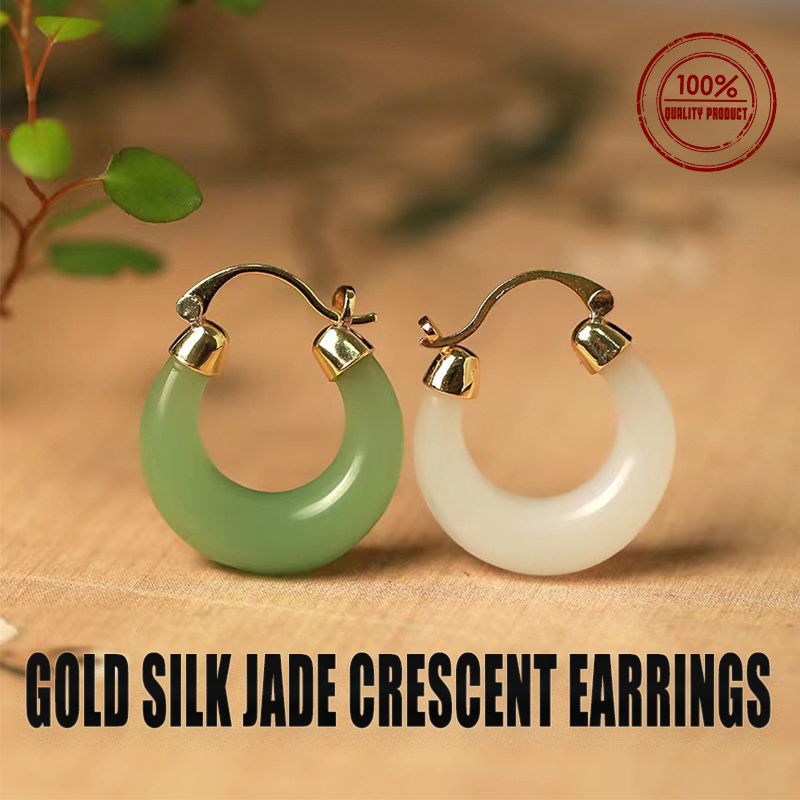 Original-Ohrringe aus natürlicher Goldseide und Jade-Halbmond des Designers, für hochwertige, frische und antike Abendessen-Schmuckgeschenke für Damen
