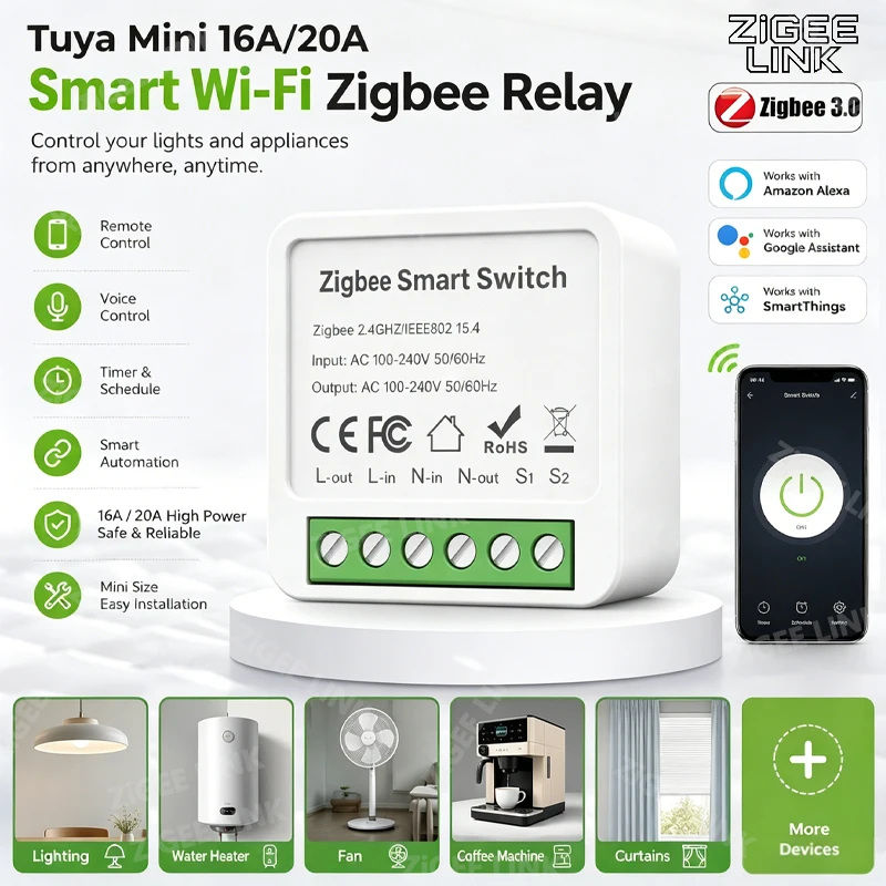 Zigbee3.0 WiFi Mini Relay Switch Two-Way Timing Breaker Smart Life APP Remote Voice Control Compatible Tuya Alexa Google Home