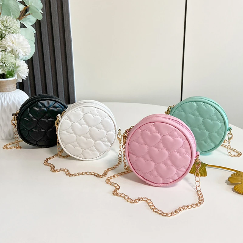 Bolso pequeño redondo con patrón de corazón de amor para niños, bolso cruzado con cadena de hilo de coser, Mini bolso de mensajero para niñas de PU, monedero de moda