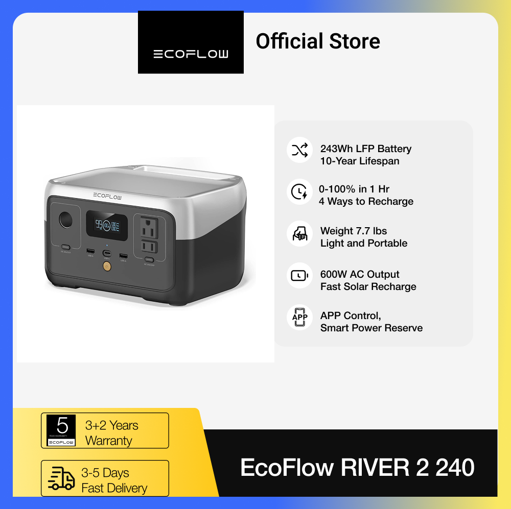 Przenośna elektrownia ecofflow RIVER 2, 243Wh akumulator LiFePO4/1 godzina szybkiego ładowania, 2 gniazda prądu przemiennego do 600W, Generator słoneczny