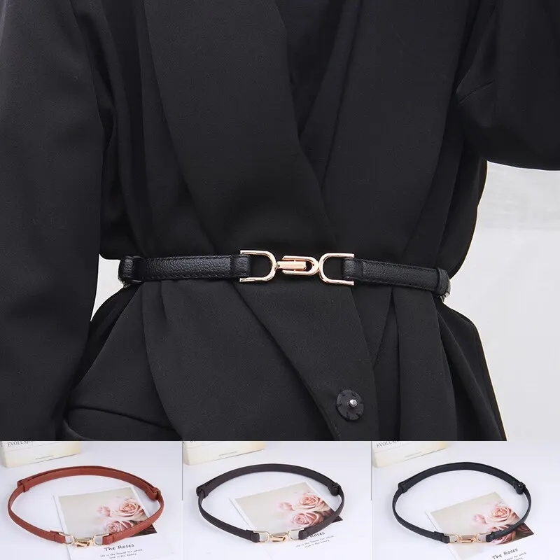 1szt Nowy damski skórzany pasek Skinny Belt do sukienki Regulowany cienki pasek do sukienki z vintage złotą klamrą ze sztucznej skóry