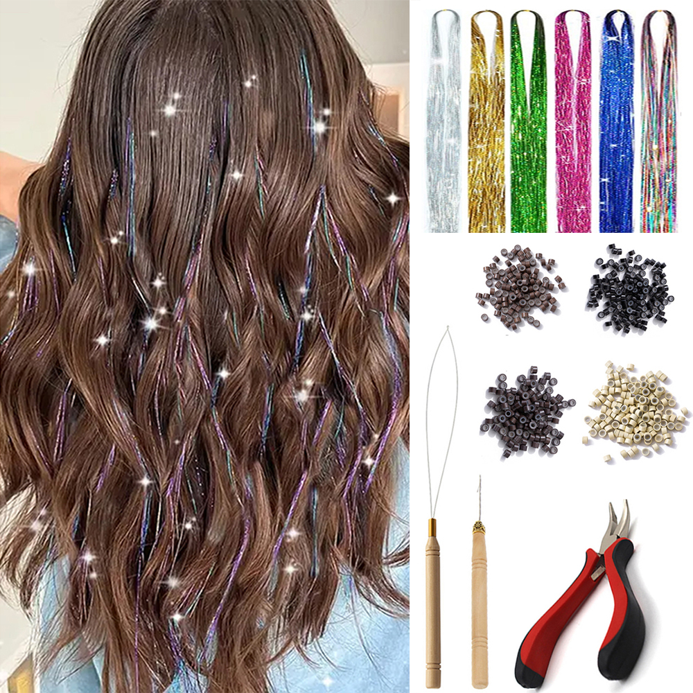 48 นิ้วผมสังเคราะห์ Tinsel ชุดเครื่องมือ 1200 strands Tinsel Hair Extensions 12 สี Fairy ผม Tinsel ประกายเงาผม