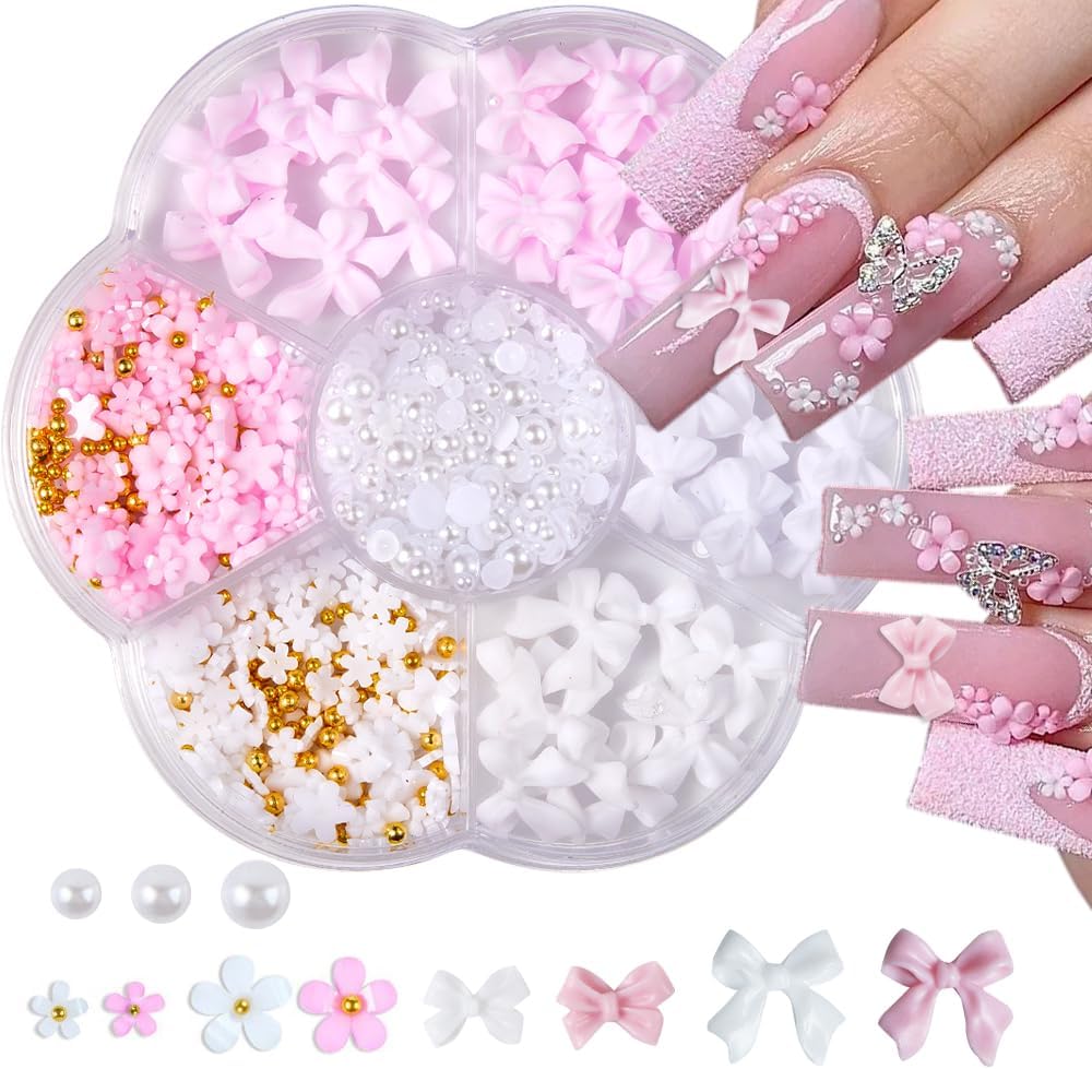 1 boîte de décorations pour ongles en forme de fleur avec nœud papillon 3D, avec perles en acier et ruban d'imitation de perles, breloques pour ongles, accessoires de manucure avec nœud Y2K *