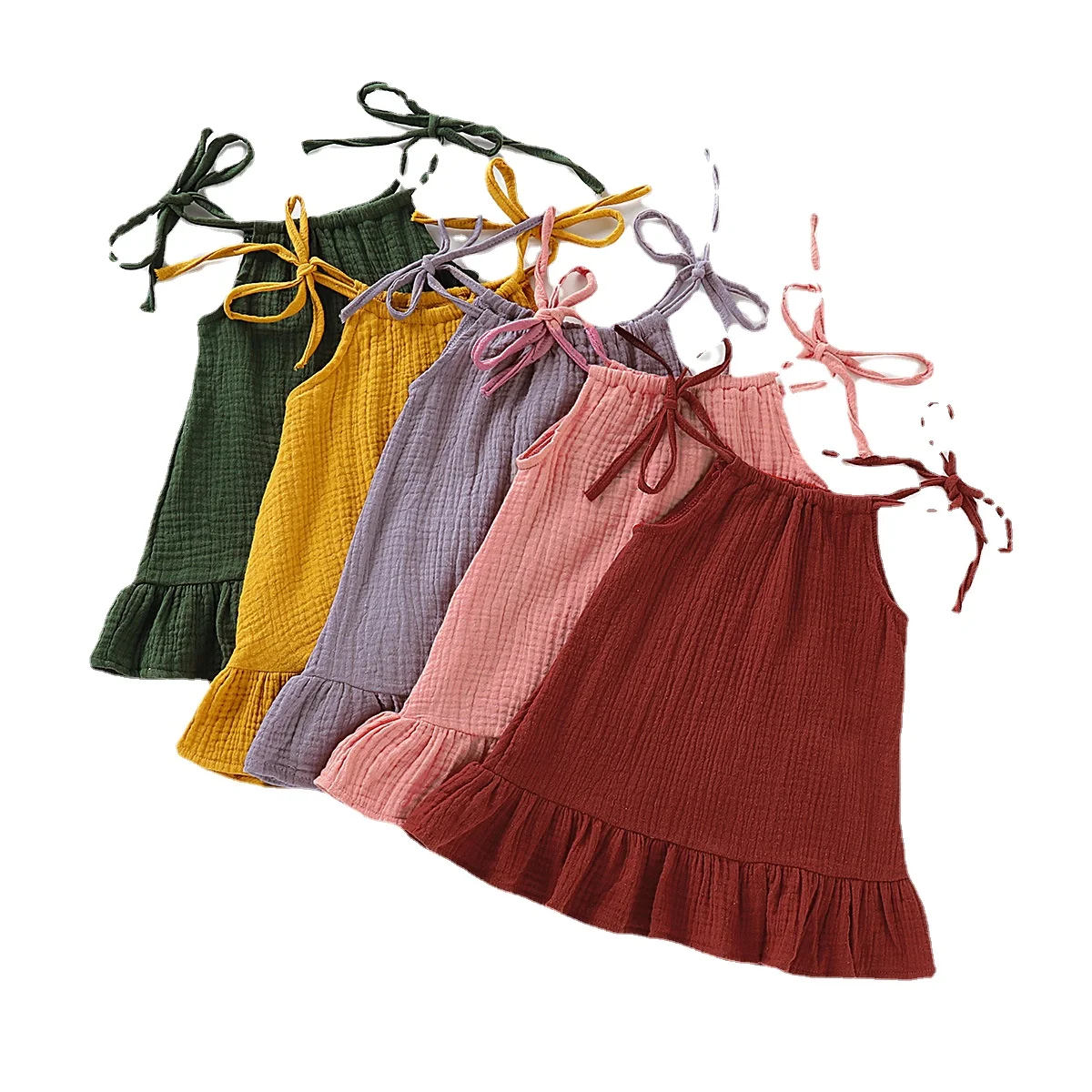 Mùa Hè Tập Đi Cho Bé Gái Không Tay Xù Đầm Sarafan Trẻ Em Vải Lanh Cotton Muslin Trượt Áo Quần Áo