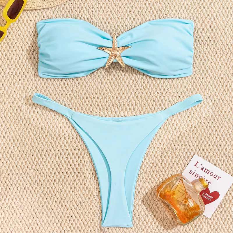 Sexy Bandeau Bikini Set 2026 Damen Himmelblau Seestern-Verzierung Push-Up Tanga Badeanzug Brasilianischer Strand-Badeanzug Micro Bademode