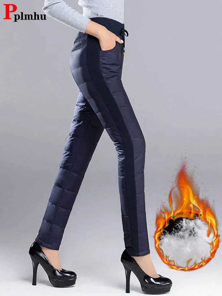 Pantalones pitillo cálidos a prueba de viento para mujer, pantalones de chándal informales de talla grande 4xl ajustados con forro acolchado de algodón, mallas negras de cintura alta de 90cm