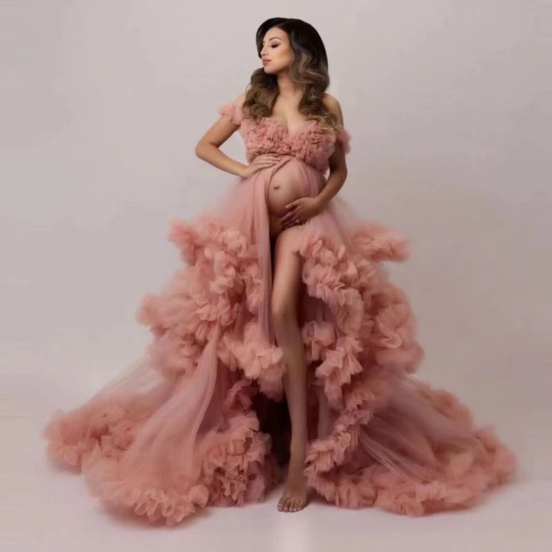 Sexy rose maternité femmes Robes de bal élégant enceinte col en V volants robe de bal robe de soirée Premama Photo Shoot Robes
