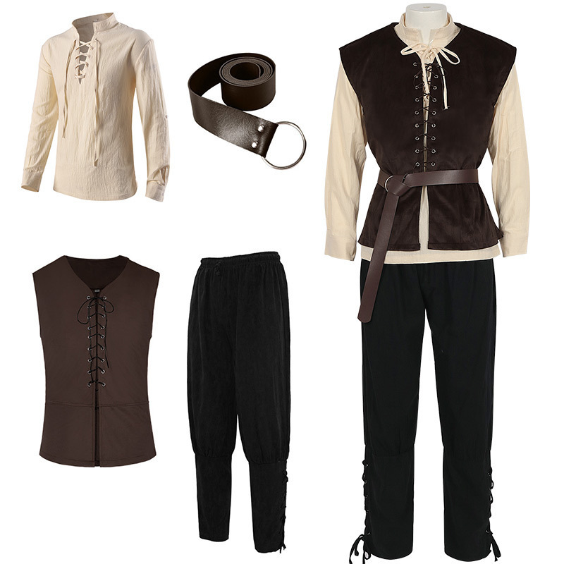 Set di 4 Pezzi Costume da Uomo per Halloween Stile Rinascimentale: Gilet Medievale, Camicia, Pantaloni con Elastico alla Caviglia, Cintura Vichinga, Bracciale e Marsupio