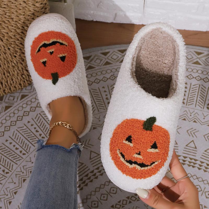 Zapatillas mullidas de algodón para mujer, chanclas de felpa con plataforma de calabaza de dibujos animados para el hogar, zapatos informales de diseñador divertidos para Halloween, para interior, 2025