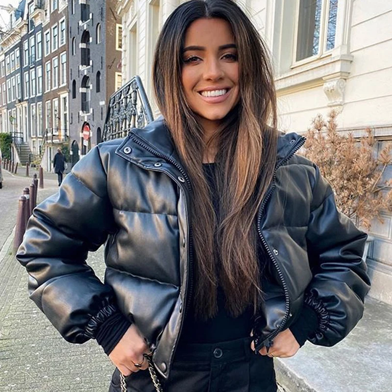 Inverno parka casaco feminino grosso quente moda feminina preto casacos de couro do plutônio feminino elegante zíper jaquetas de couro falso topos