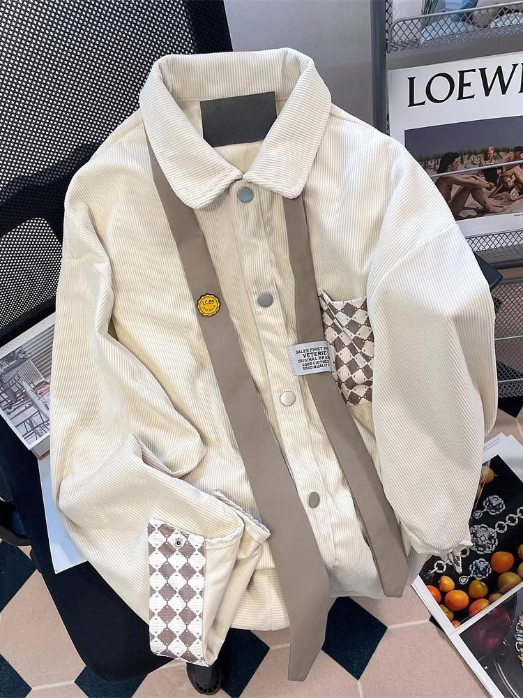 Zoki Retro Corduroy Tie Shirts Women Casual Oversize Preppy Style Blouse Loose Long Sleeve Plaid Patchwork Bf Design Tops Spring
