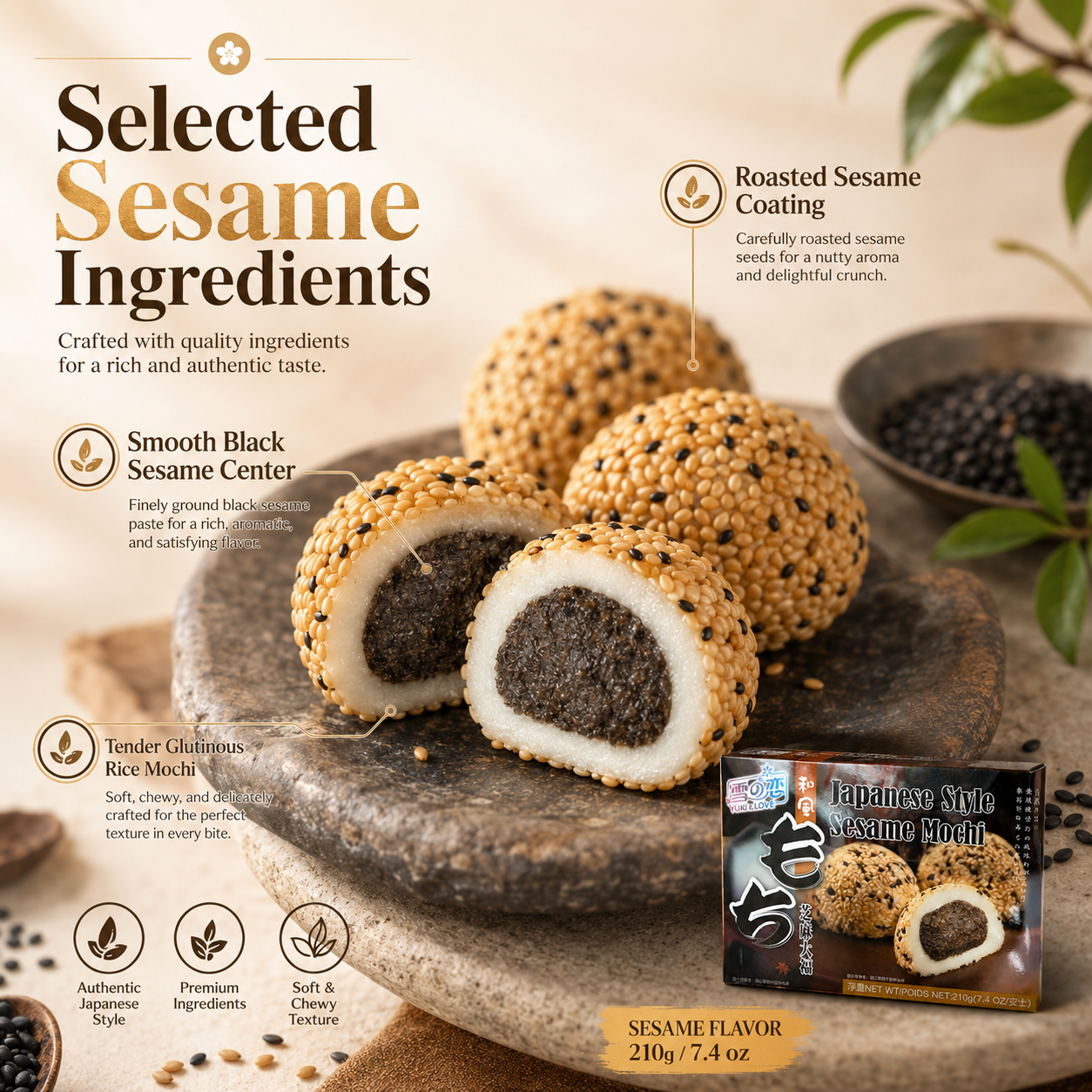 Mochi Daifuku Suave y Masticable con Sésamo de YUKI & LOVE, Clásica Pastelita Japonesa de Arroz Glutinoso Cubierta con Semillas de Sésamo Mixtas, Caja de 210g Lista para Comer