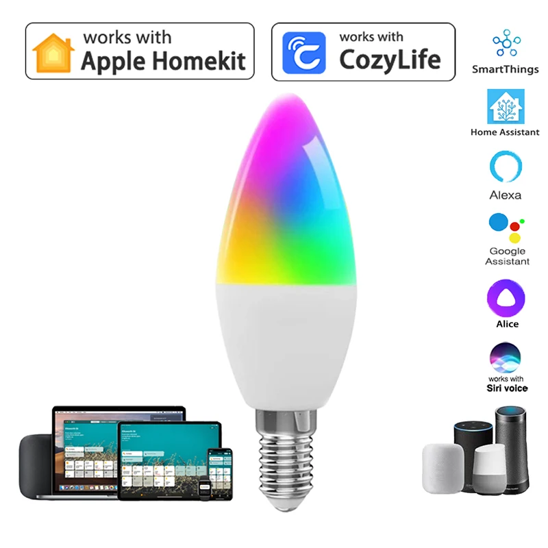 HomeKit lampu lilin WiFi pintar dapat diredupkan RGBCW E12 E14 lampu LED aplikasi Siri Alexa Google SmartThings kontrol suara perubahan warna
