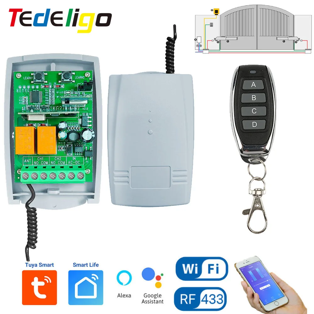 Tedelig-controlador inteligente do abridor da porta da garagem, sem fio, wifi, rf, 433mhz, dc, ac, 12v, 24v, apoio do código do rolamento