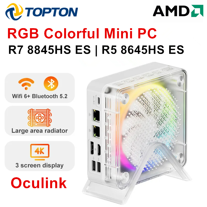 Topton MINIPC AMD Ryzen 7 8845HS ES R5 8645HS ES Oculink Mini PC RGB Color Gamer Windows 11 WiFi 6 2x2.5G LAN USB4.0 4K Computer