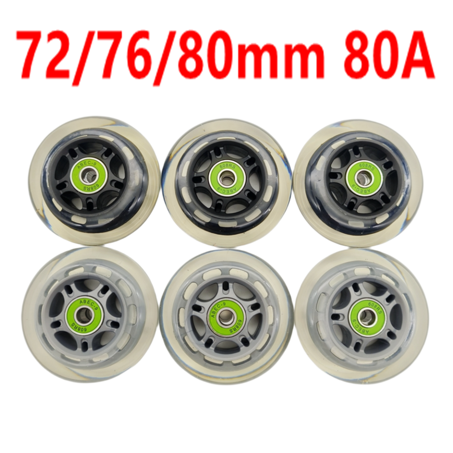 Roue de patins à roulettes pour scooter, couleur transparente, noir et gris, 80x24, lot de 8 pièces