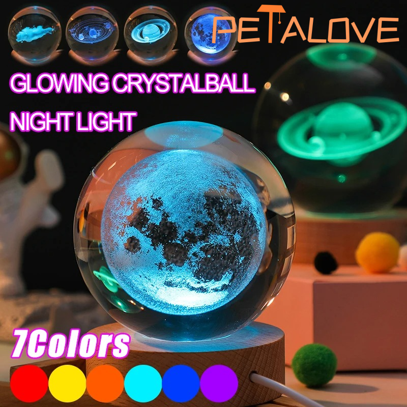 คริสตัลบอล LED Night Light สีสัน 3D Saturn Solar System Moon ตารางโคมไฟ USB ห้องนอนบรรยากาศโคมไฟสําหรับของขวัญวันเกิดเด็ก
