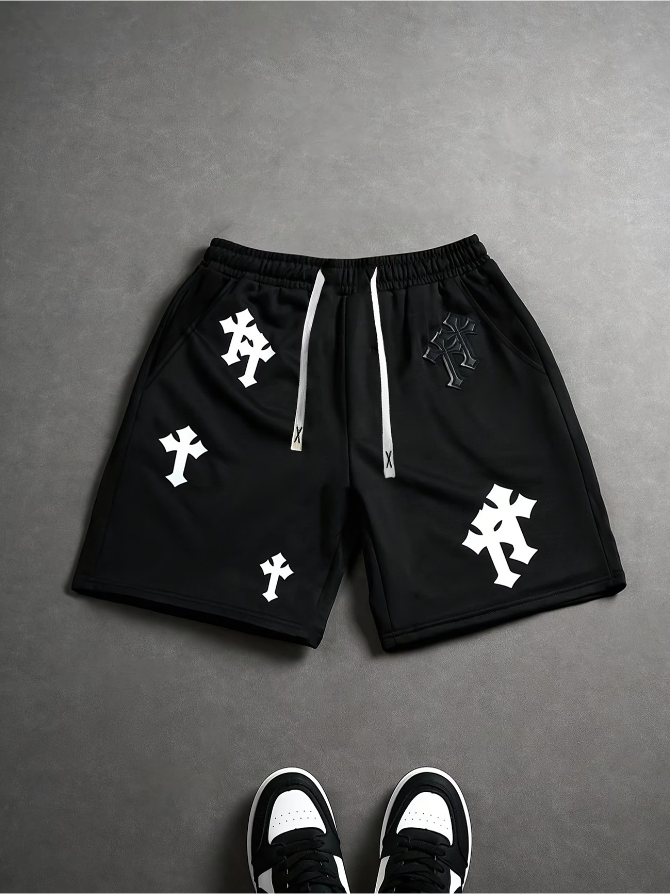 Shorts Esportivos Casuais Masculinos com Estampa Cruzada e Design de Letras, Cintura com Cordão e Bolsos, Moda de Rua de Verão