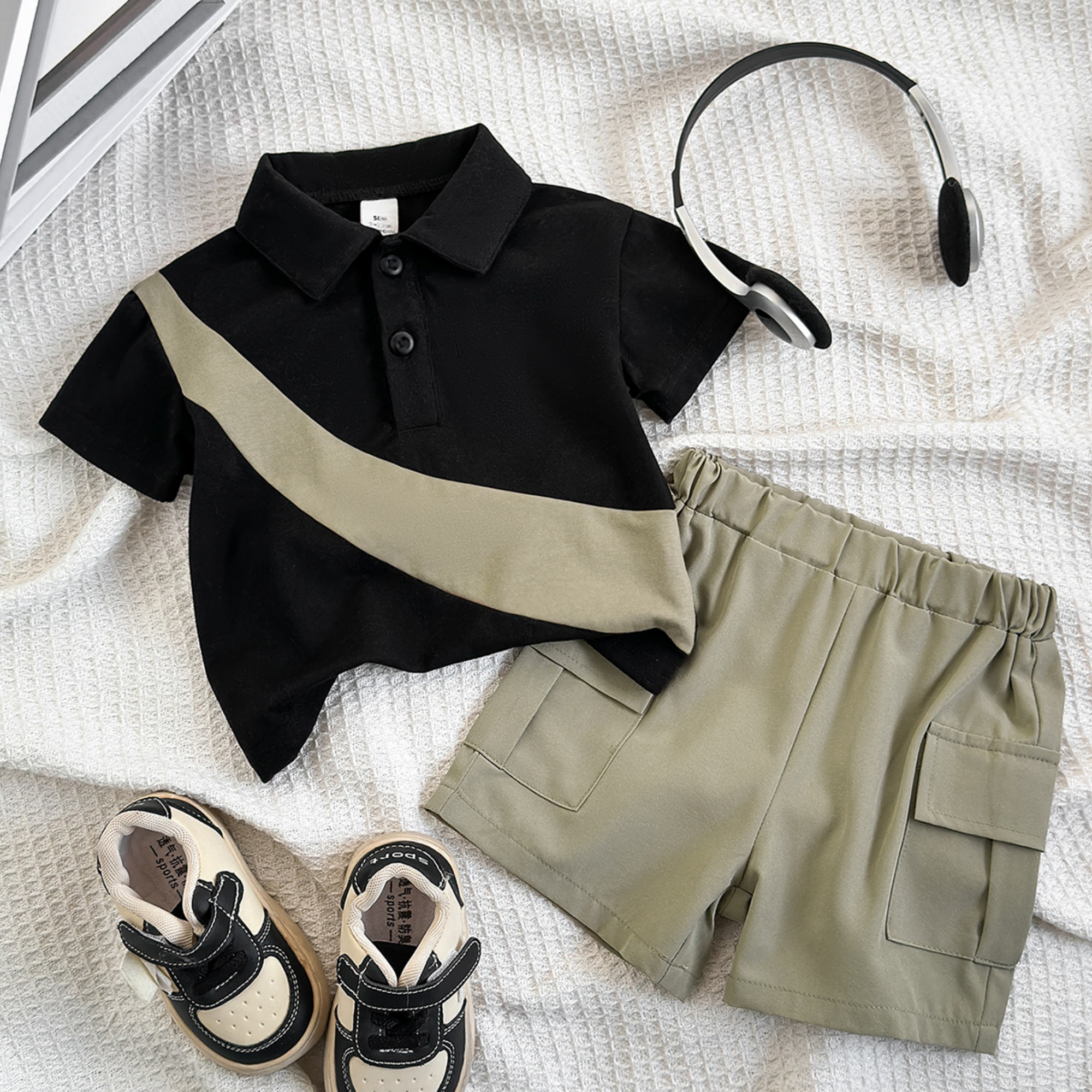 Conjunto de esportes e lazer para bebês meninos, 2 peças, lapela, cor bloqueada, mangas curtas e shorts para crianças de 0 a 3 anos, conjunto de verão para meninos