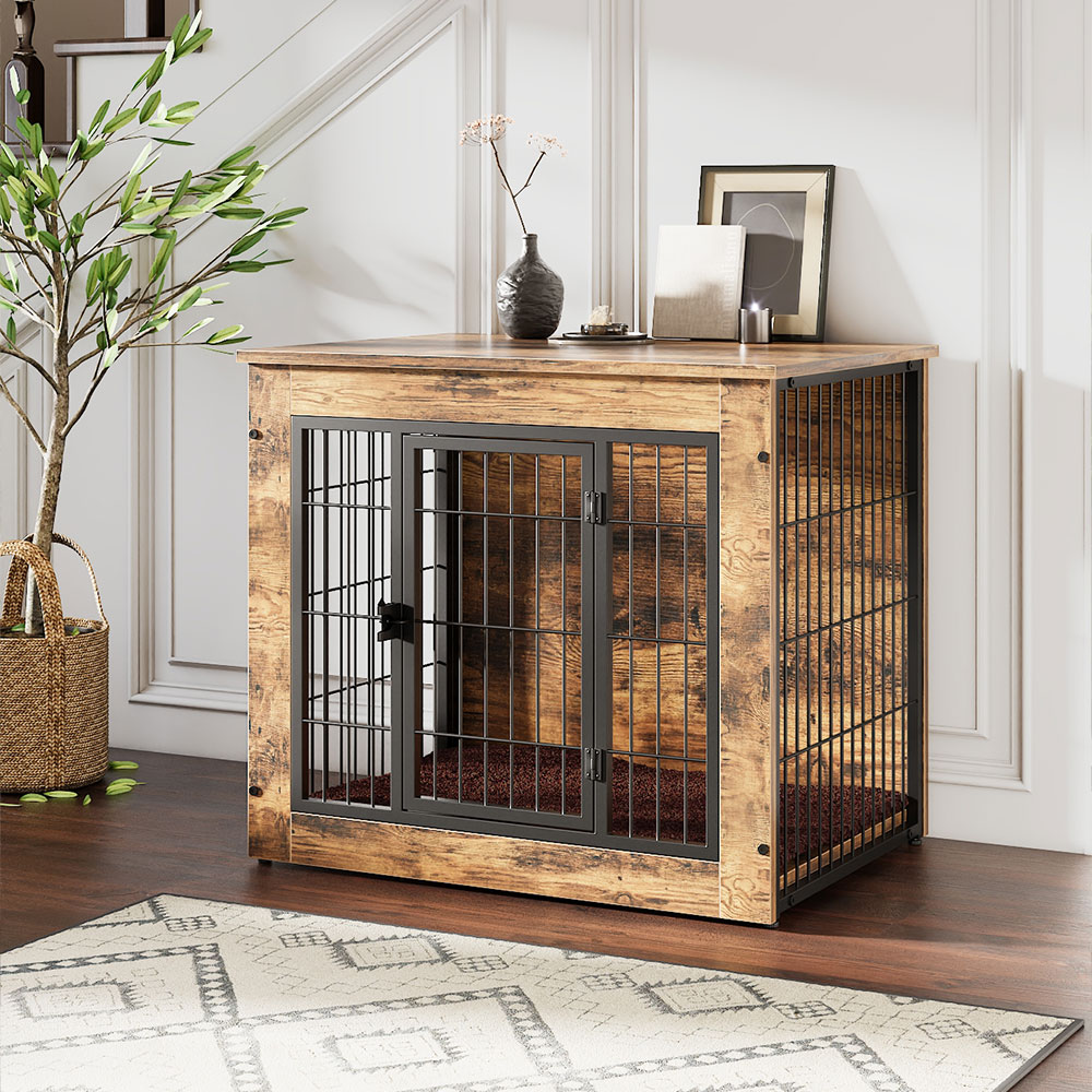 Voltsify cassa per cani in stile rustico, robusto pannello truciolare e cuccia in metallo con doppie porte bloccabili, Design retrò marrone/nero