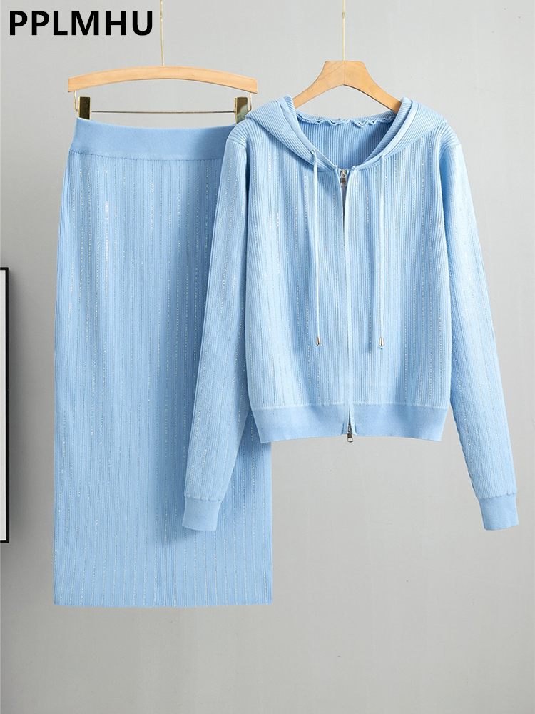 Moletons de malha com capuz 2 peças conjuntos femininos diamantes listra saias finas conjunto novo chique camisola cardigan conjunto faldas ternos
