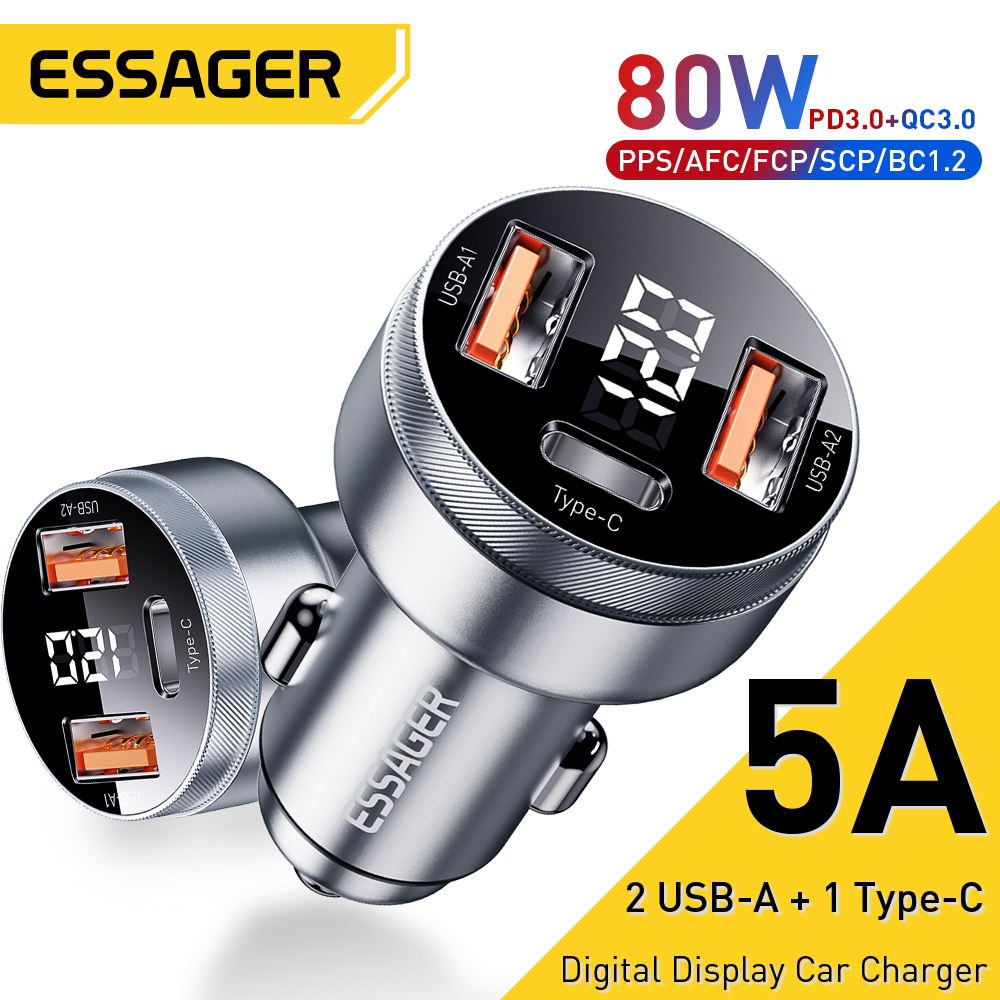 Essager 80W USB chargeur de voiture PD USB Type C Charge rapide QC3.0 SCP 5A chargeur rapide pour iPhone 14 13 Xiaomi Samsung chargeur de téléphone