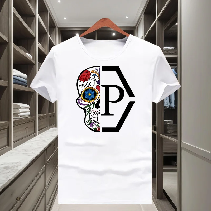 Klassieke trendy merk T-shirt met halve schedel- en bloemenprint voor heren en dames, nieuw model 2025, korte mouwen, ronde hals