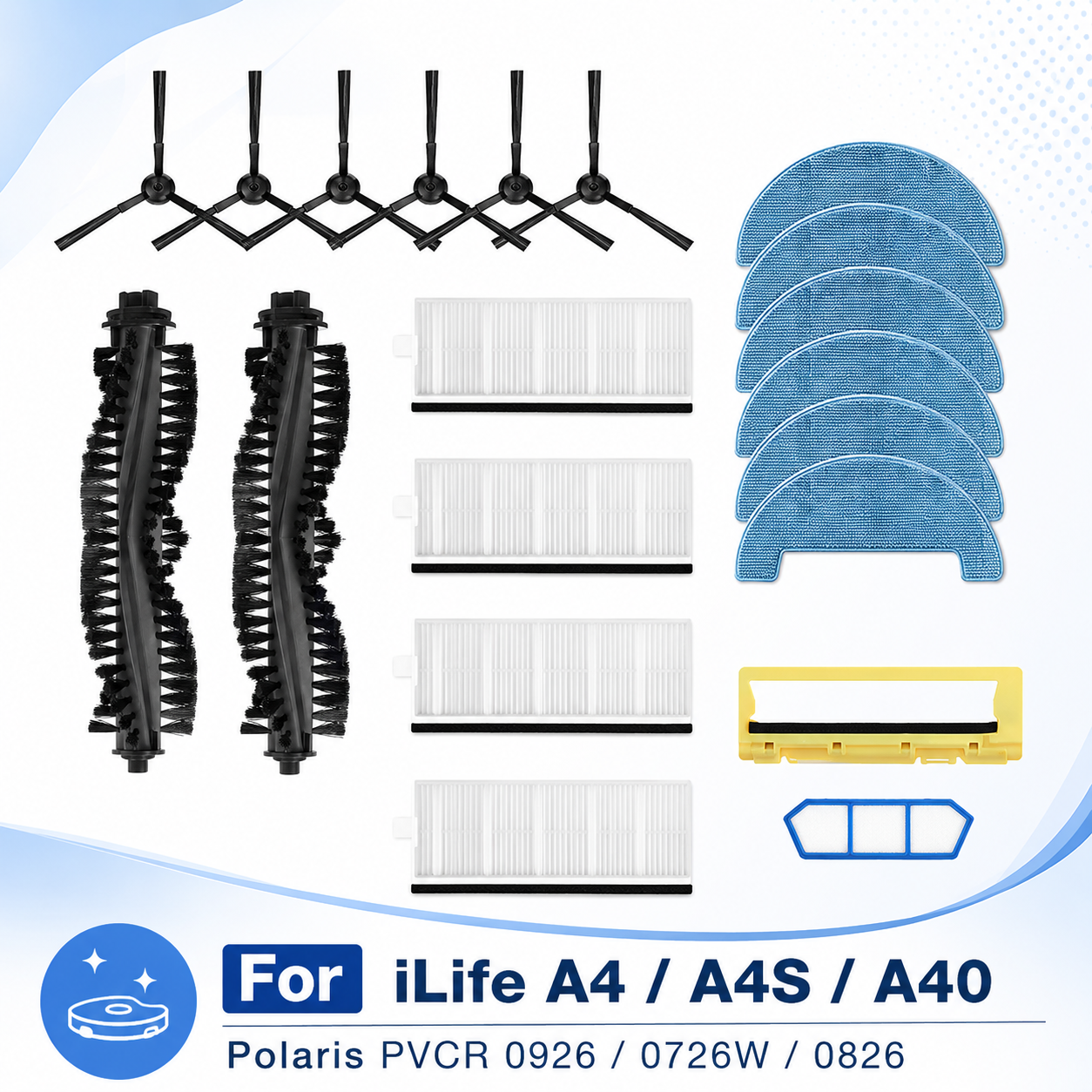Ricambi per Robot Aspirapolvere ILife A4 A4S A40 Polaris PVCR 0926 0726W 0826: Spazzola Principale, Spazzola Laterale, Filtro HEPA, Accessori per Mop